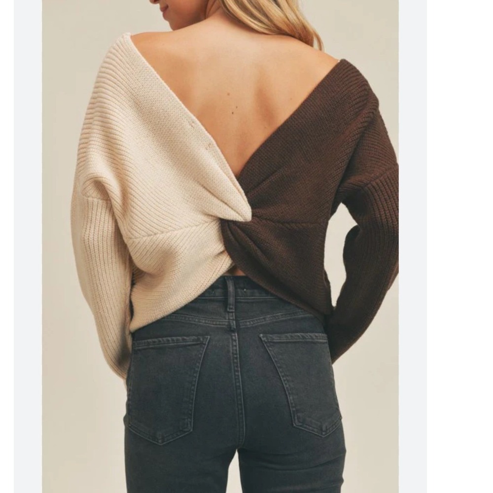 ASTR The Label‎ Brown Cream Color Block Twist Back Ribbed Knit Sweater Large